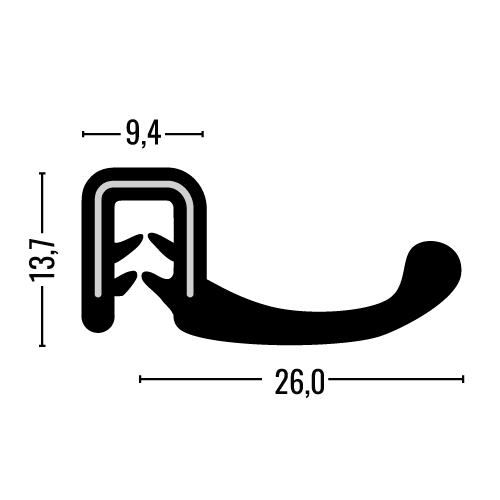 EPDM-Dichtungsprofil mit Dichtungsschlauch und Fahne, Klemmbereich 1-2,5mm,  30x15mm - Kantenschutzprofil & Kederband